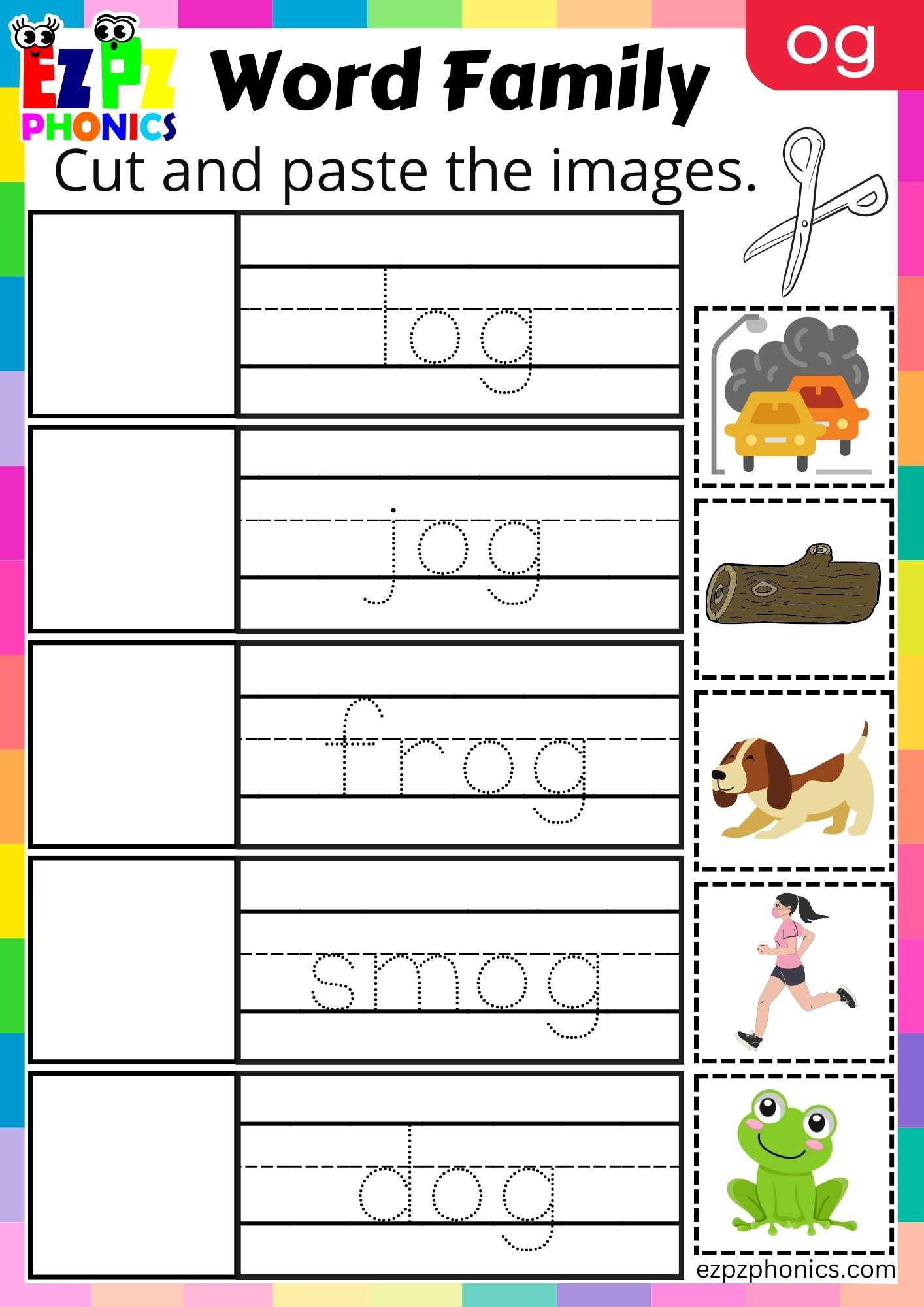 OG Words Cut And Paste The Images Phonics Word Families Worksheet